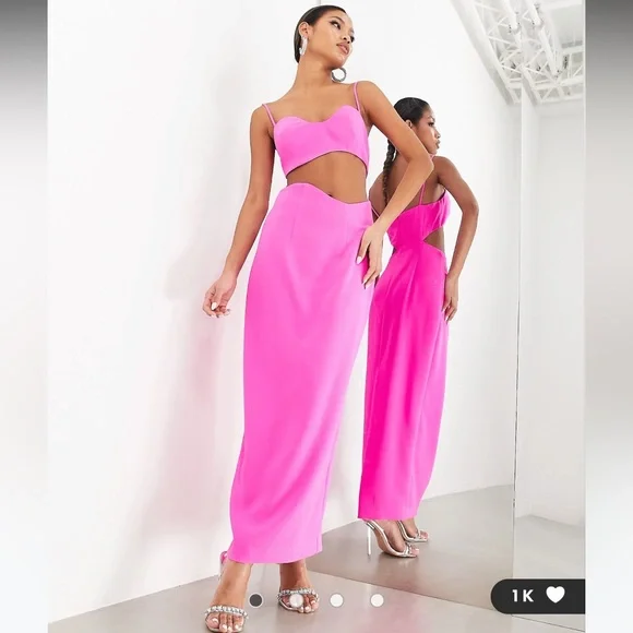 ASOS Edition cami wavey cut out midi dress in bright pink ASOS Edition cami wavey cut out midi dress in bright pink